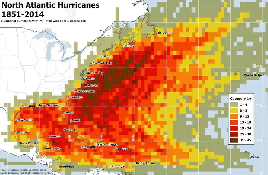 North Atlantic Hurricanes map showing Palm Beach Gardens as being one of the highest risk regions in the world